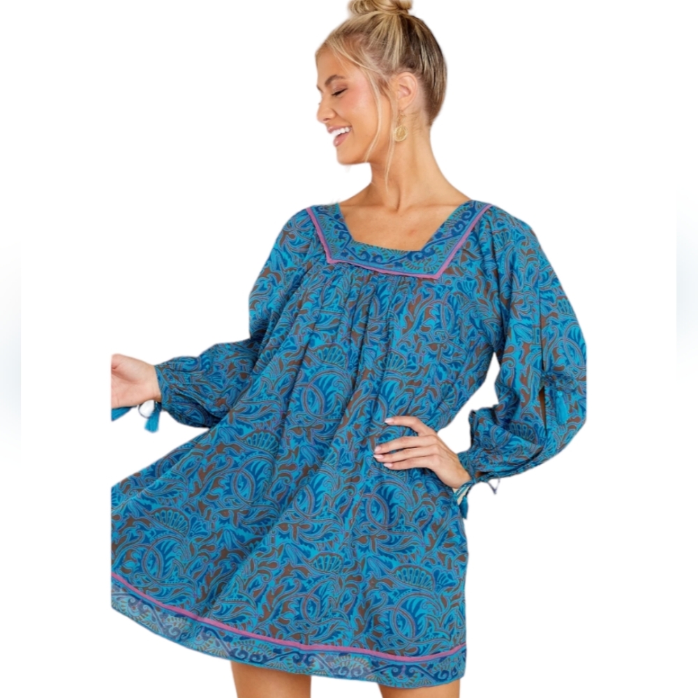 Cleobella Skyla Zuri Block Print Square Neckline Organic Cotton Mini Dress SzM